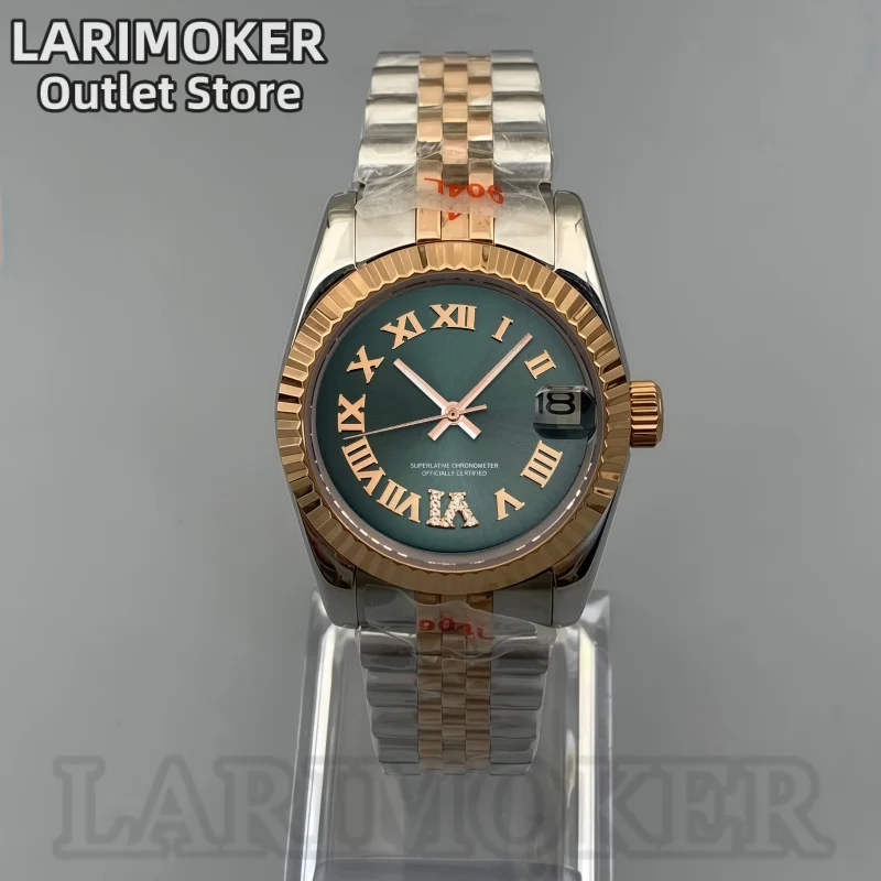 LARIMOKER 31mm Women's Rose Gold NH15 Mechanical Watch Roman Numeral Gear Bezel Green and Brown Dial Sapphire Steel Dive Watch
