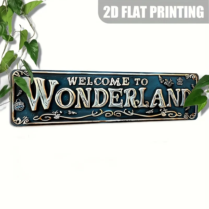 Sinal de alumínio vintage 'Bem-vindo ao País das Maravilhas' (15,7" x 3,9") - Perfeito para decoração de casa, jardim, bar e café