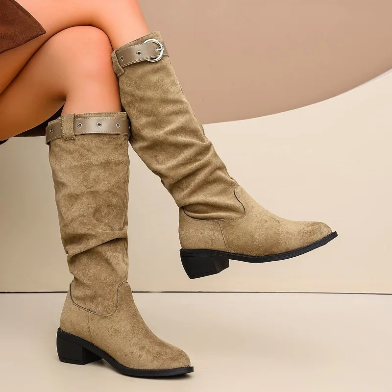 Retro Block Heel Pointed Toe High Heels Women's 2026 New Autumn and Winter Western Cowboy Boots Look Thin Pleated Pile Boots