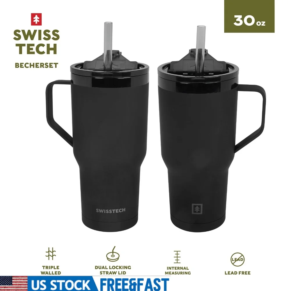 

Stainless Steel Triple Walled Tumblers with Handle Leakproof Dual Locking Lid 2-Pack Soft Touch Perfect On-the-Go Hydration