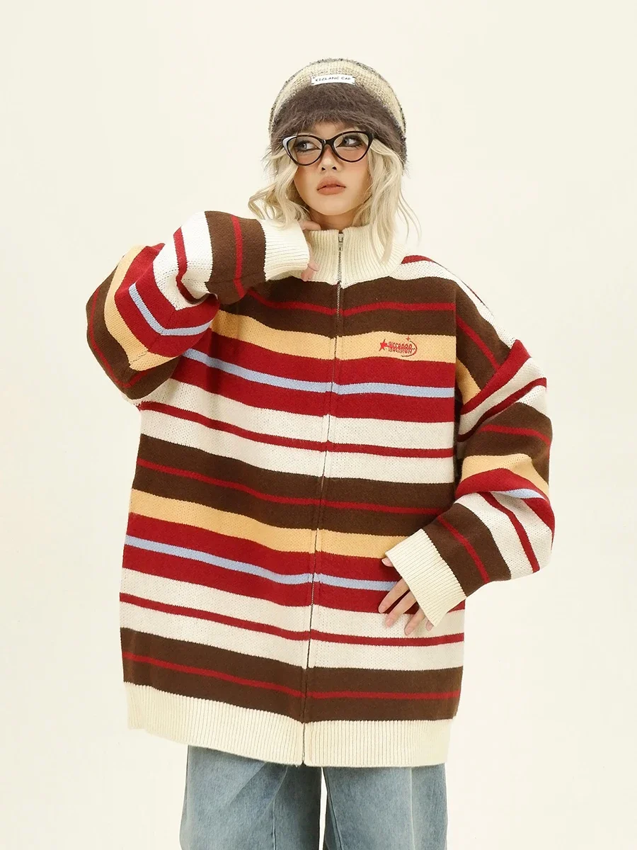 

Contrasting Striped Sweaters Cardigan 2024 Autumn New Loose Bf American Lazy Style Knitted Women