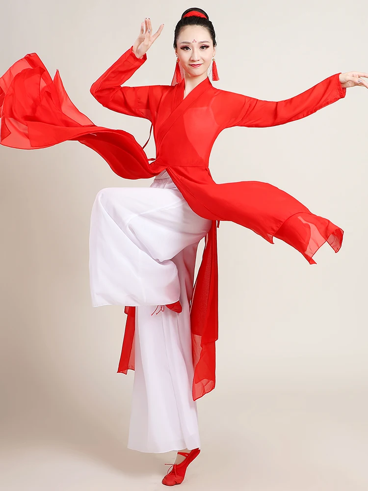 

Ele Red Classical Dance Performance Costume with Fan Dance Ethnic Sle Drifting Snow Dragon Sound Stage Outfit for Women