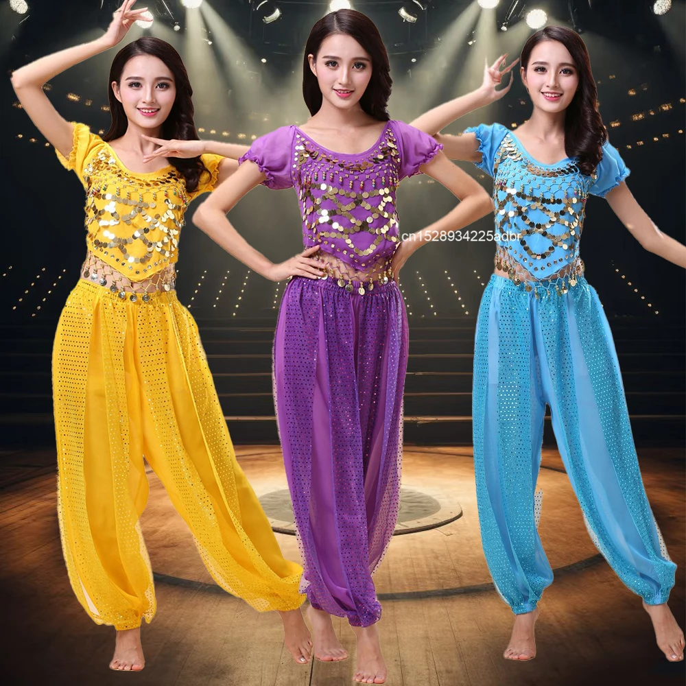 Damski kostium taneczny brzucha zestaw cekinowy krótki top + spodnie haremowe zestaw strojów orientalny taniec indyjski arabska bogini kostiumy na Halloween