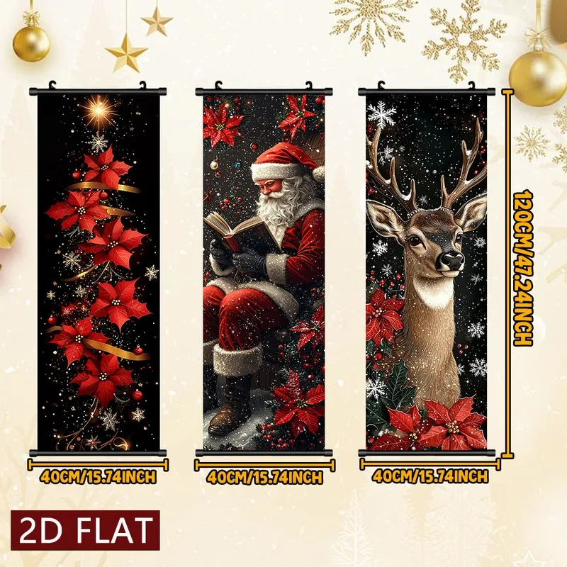 VIKAMA 3PCS Christmas Wall Hanging Set, Santa Bell Vintage Night Scene Scroll Banner for Xmas Bedroom Decor