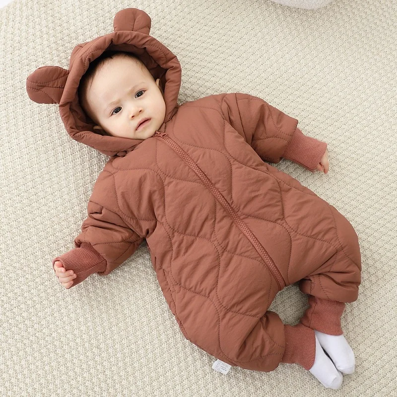 Baby jumpsuit Winter new plush and thick cotton clothes Newborn crawling clothes Baby and children\'s hooded outdoor clothes