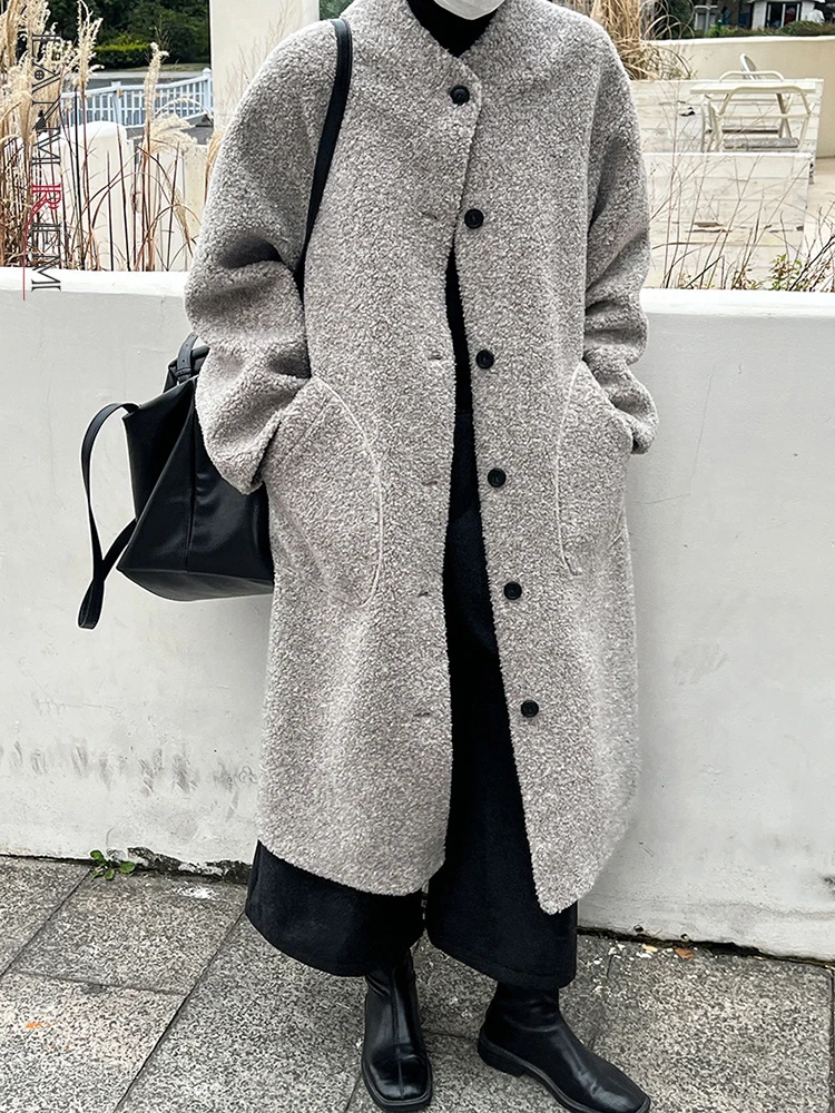 [LANMREM] Thick Warm Lamb Wool Coats For Women Round Neck Single Breasted Office Lady Long Outwear 2024 Winter New 26C1474