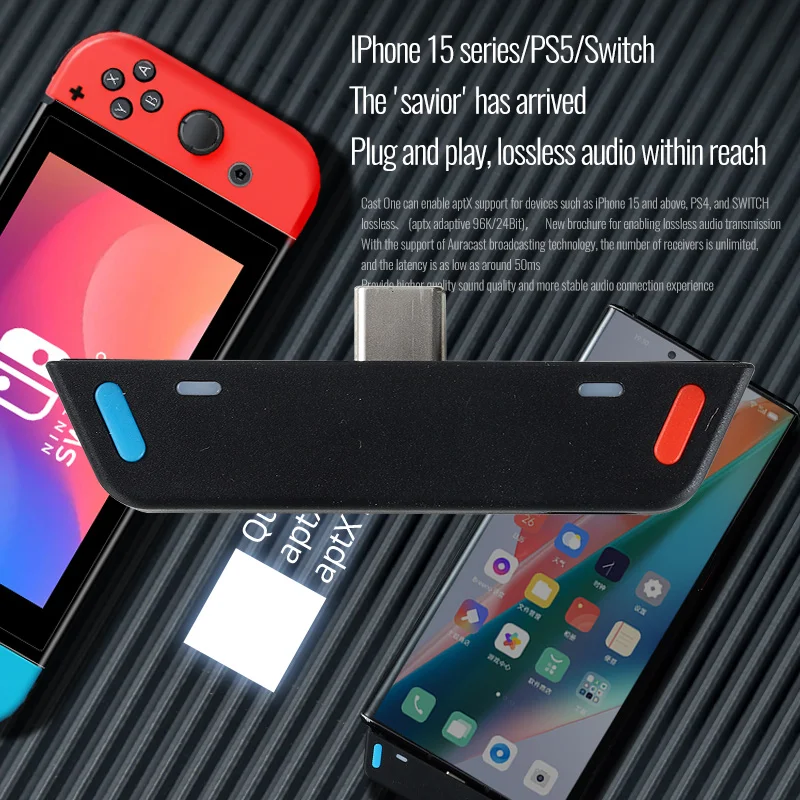 Cast One Ultra Type-C Bluetooth 5.4 Transmitter for Mobile/Game Player to Wireless Headphones AptX Adaptive / LDAC / Low Latency