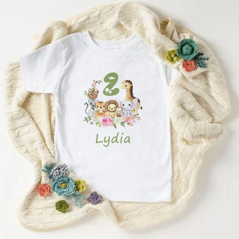 Personalized Birthday Shirt 1-9 Birthday T-Shirt Wild Tee Girls Boys Party T Shirt Cute Animal with Name Clothes Kids Gifts Tops