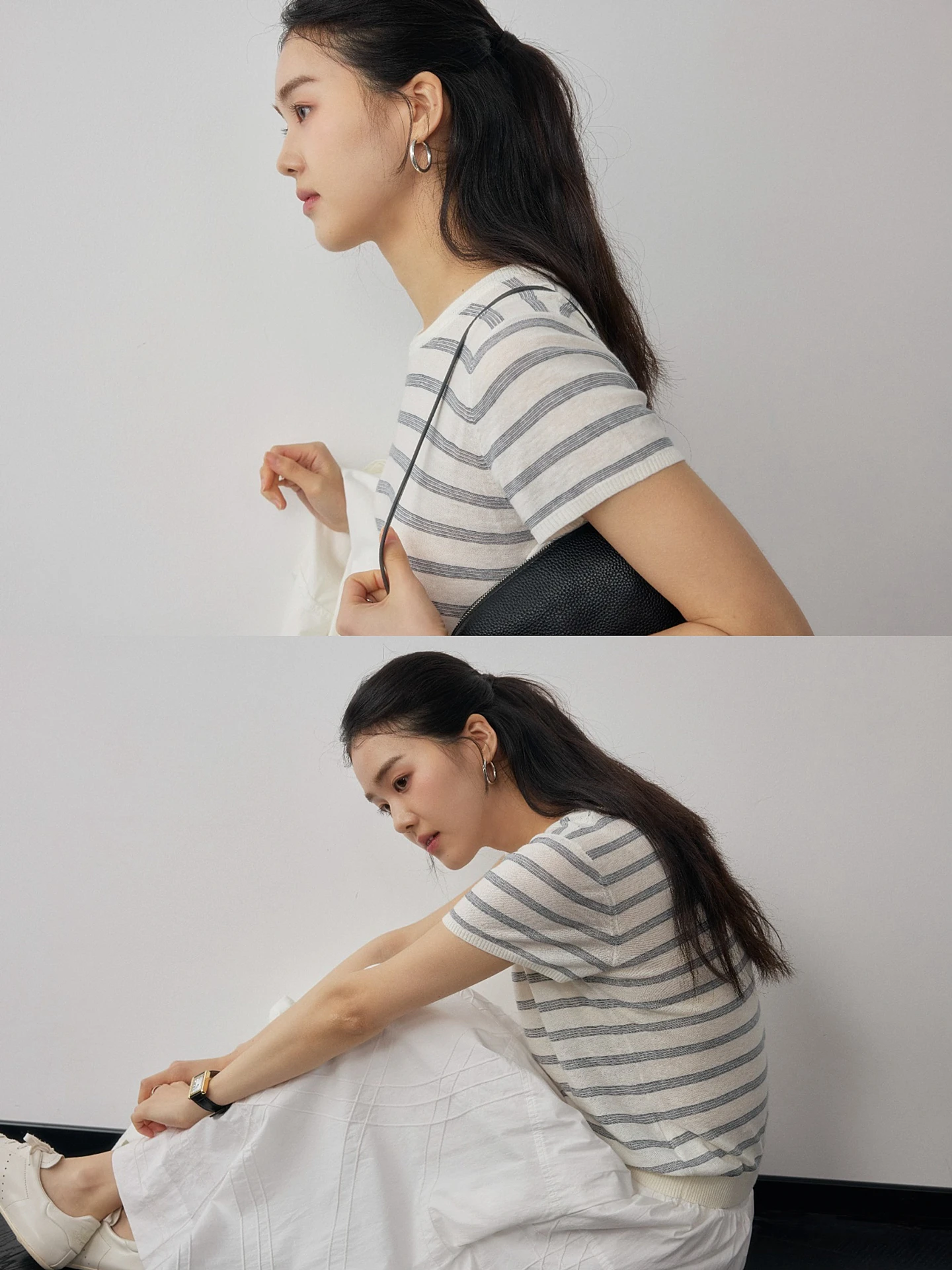 

Новая женская модная футболка Ele с синими полосками, вязаная, с коротким рукавом, весна 2026, удобная, дышащая, прямого кроя, хлопок...