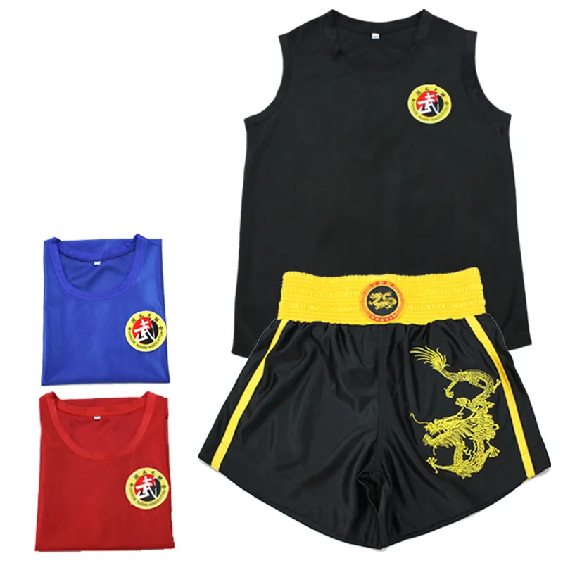 Embroidery Dragon Boxing Martial Arts Muay Thai Shorts Shirts Kids Adults Fightwear Sanda Kick Sports Wushu Outfits Uniforms