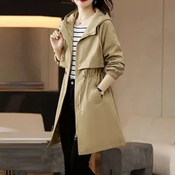 2024 New Trench Coat Women Fashion Slim Hooded Coats Korean Spring Autumn Female Windbreaker Casual Outerwear Ladies Overcoat