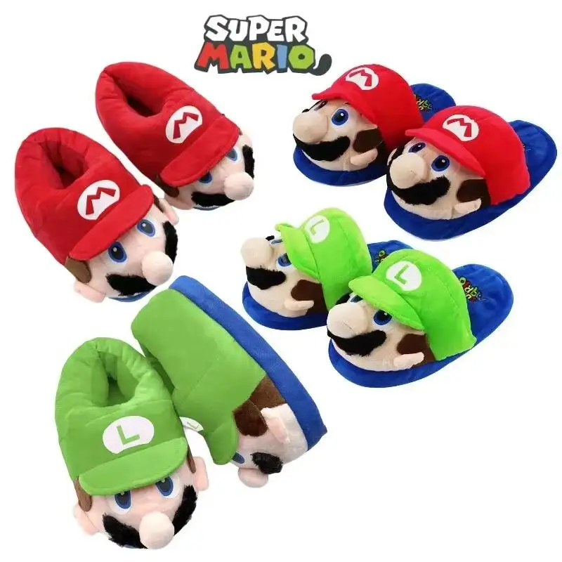 Cartoon Super Marios Bros Luigi Plush Slippers Cotton Home Plush Shoes Winter Warm Adult Non-Slip Thicken Shoes Gifts