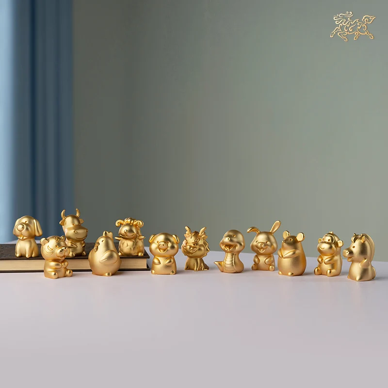 Real Gold Brass Plated Names Gold Charm Days Twelve Zodiac Signs Desktop Living Room Desk Rabbit Cartoon Zodiac Small Gift Box