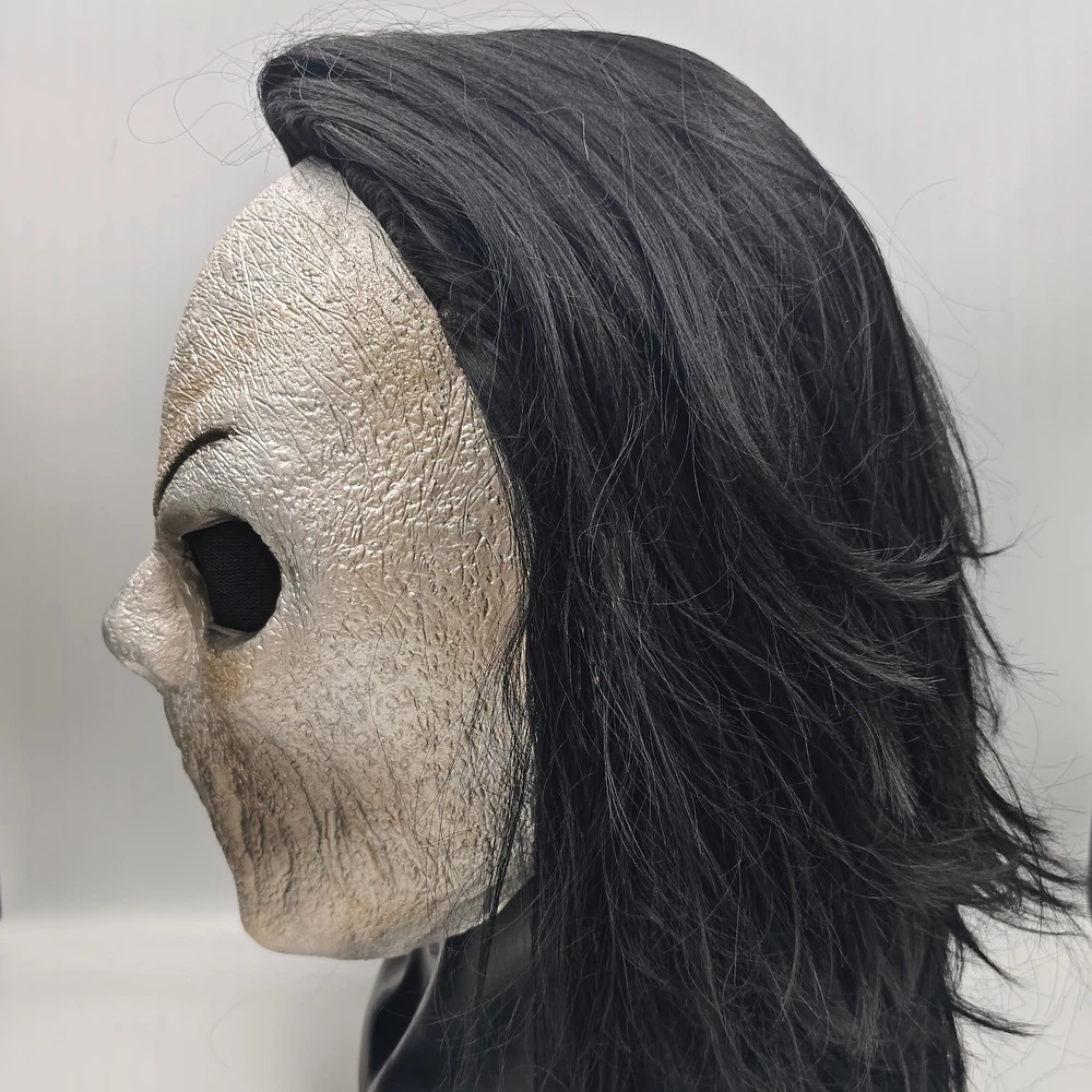 หน้ากากหัวกะโหลกฮาโลวีนแบบสมจริง พร้อมวิกผมยาวสีดำ อุปกรณ์ประกอบชุดคอสเพลย์สยองขวัญ สำหรับงานปาร์ตี้ผู้ใหญ่ ของตกแต่งชุดแฟนซีสุดหลอน