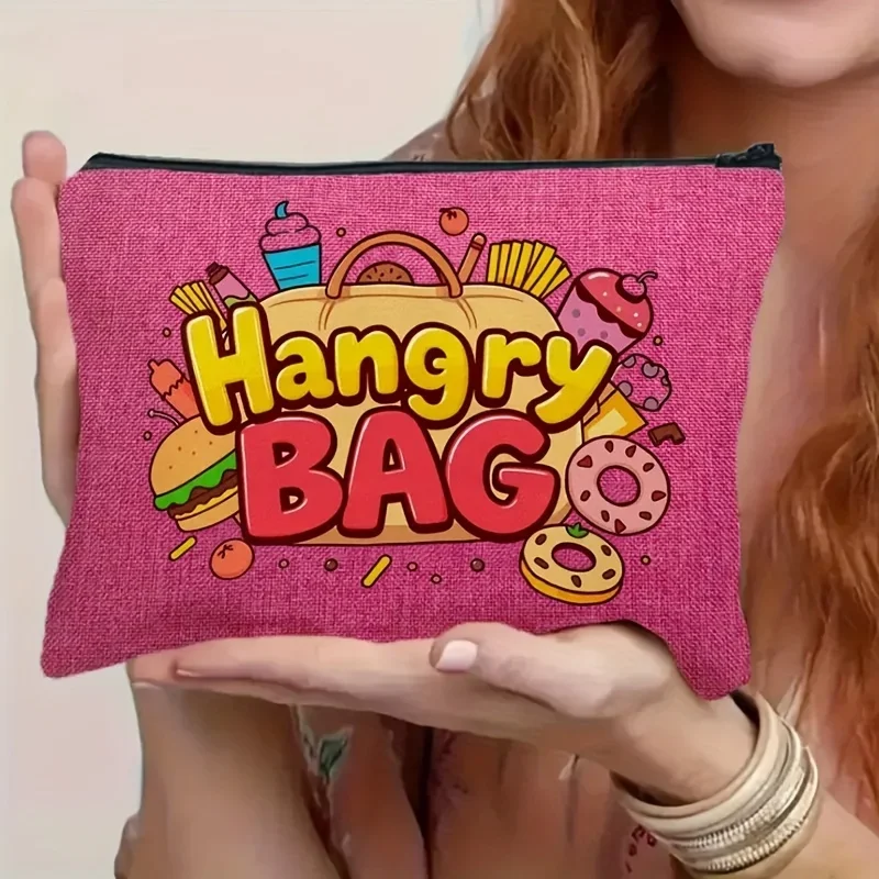 Lightweight Polyester Hangry Bag | Snack & Makeup Organizer with Vibrant Pink Fun Foodie Design, Zipper Closure