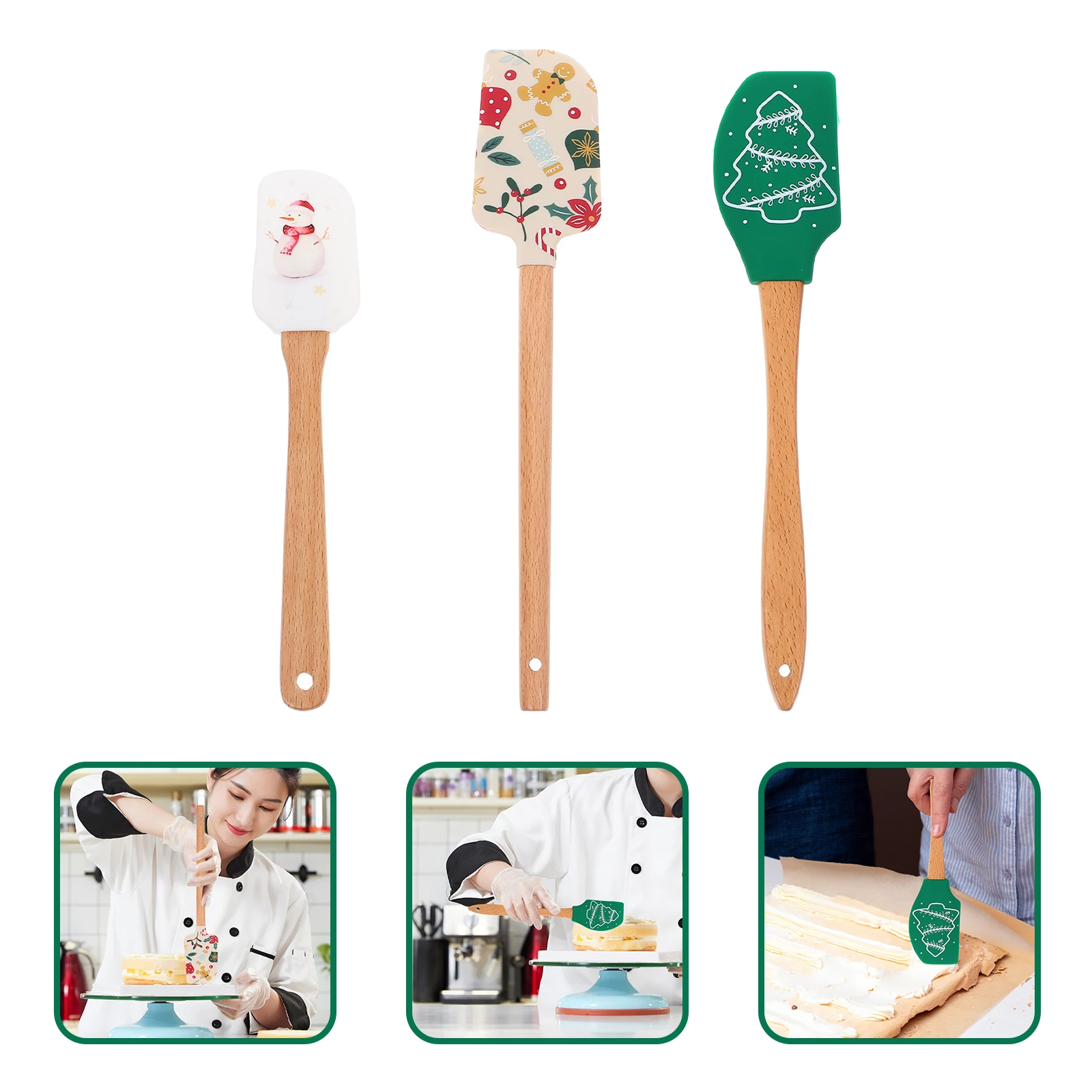 

3pcs Silicone Baking Spatulas Ergonomic Wooden Handle Cake Scrapers Non-Stick Kitchen Tools For Desserts Mixing Spreading