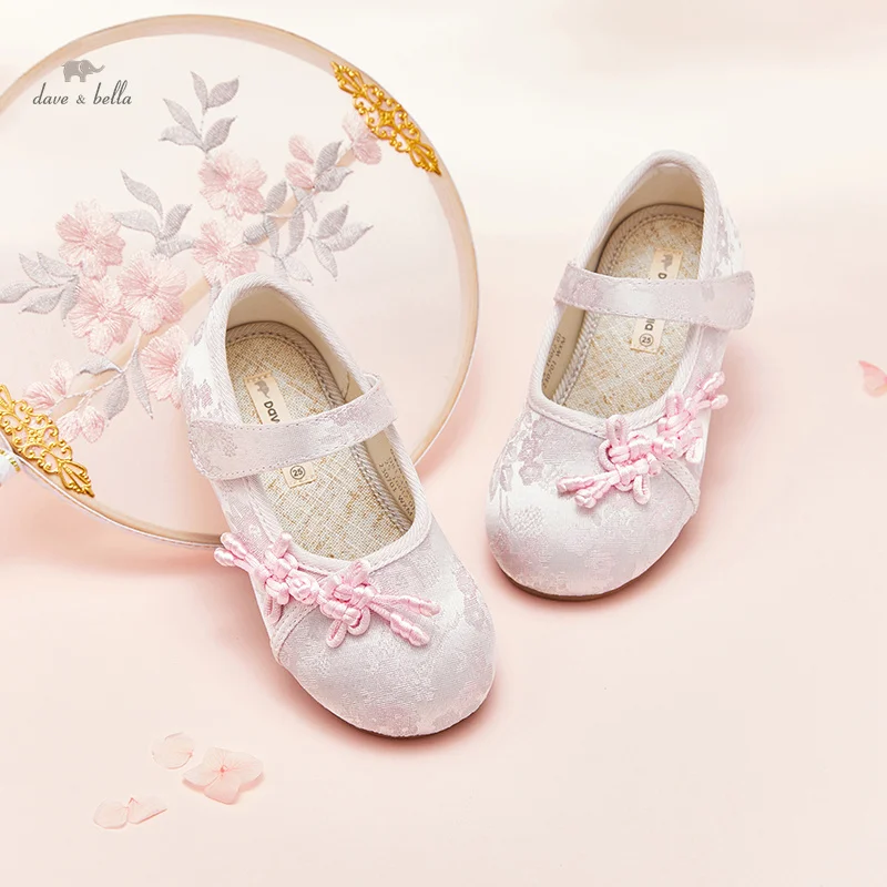 Dave Bella 2024 Spring Girls Leather Shoes Light Pink Outdoor Casual Shoes Satin Patterned Children Princess Shoes DB1247805