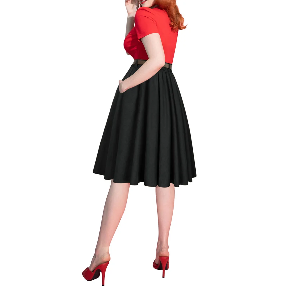 BP Women Corduroy Skirt With Belt Solid Color Fashion Elastic High Waist Mid-Calf Swing Skirt