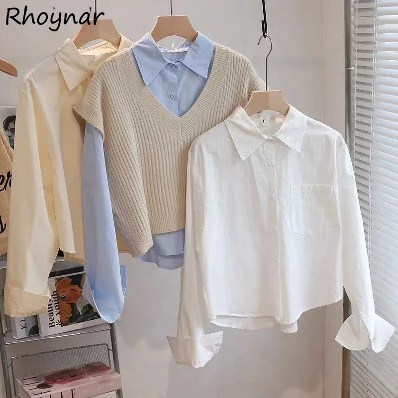 

Весенне-осенние короткие рубашки женские однотонные свободные отложные воротники с карманами и длинными рукавами простые студенческие стильные повседневные базовые шикарные рубашки