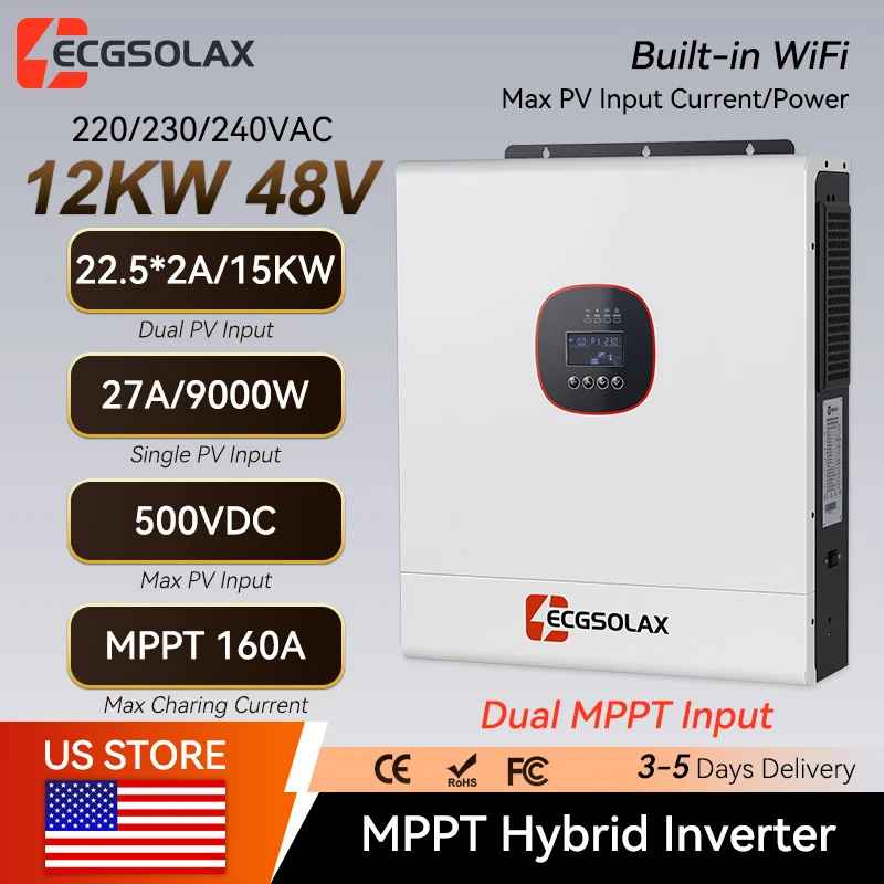 ECGSOLAX 12KW 48V Hybrid Solar Inverter 230Vac With Dual MPPT 160A Charger Pure Sine Wave Off-grid Hybrid Inverter Max PV 500VDC