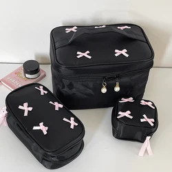 Simple Bow Black Makeup Bag Portable Zipper Storage Bag Pencil Case Cosmetic Organizer Travel Toiletry Case Handbag Girl Gift