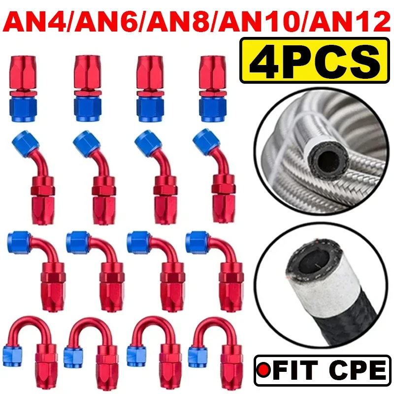 Raccord d'Extrémité de Tuyau à Comcussion AN4/6/8/10/12, Adaptateur Réutilisable pour Tube de Carburant CPE Tressé, 4 Pièces