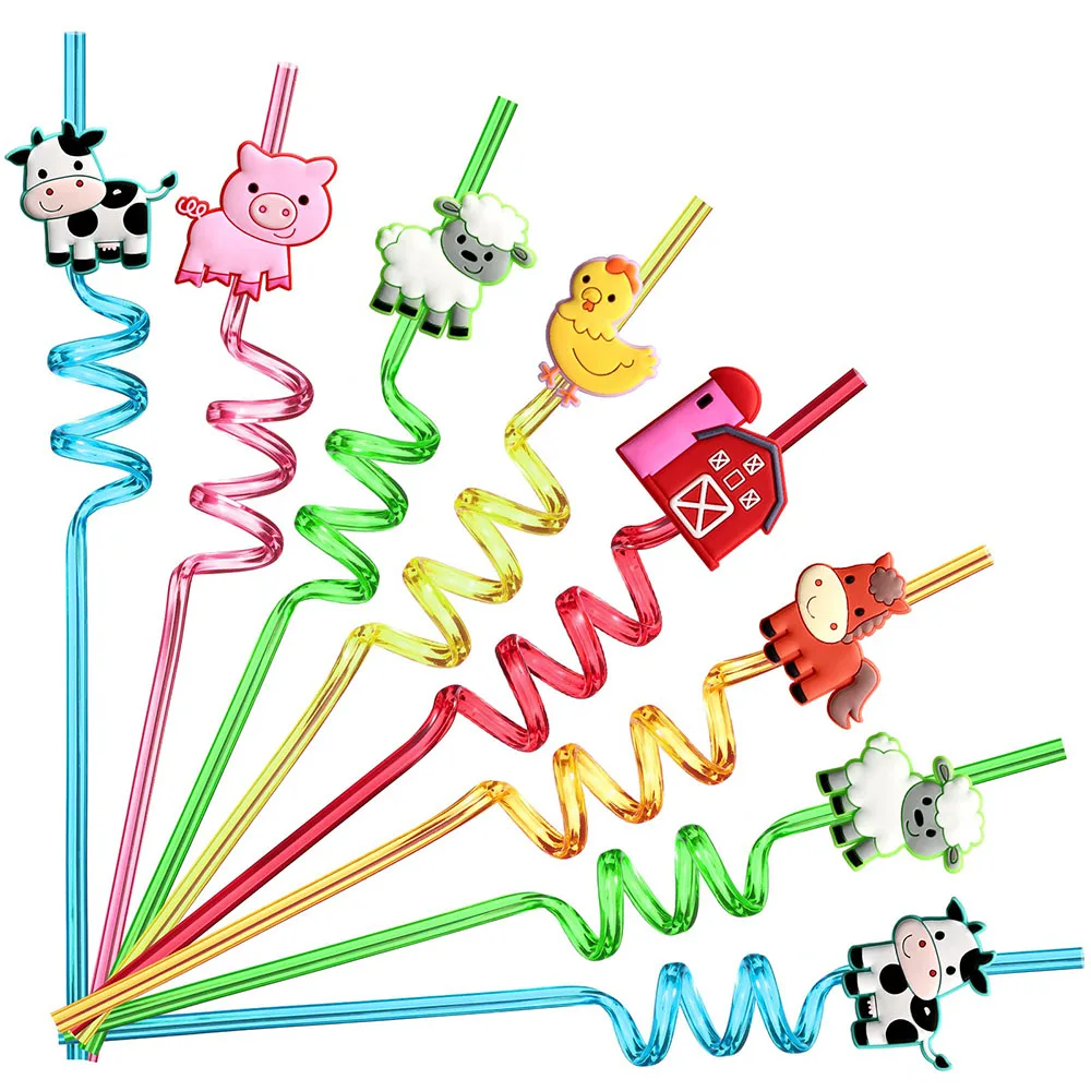 6Reusable Farm Animal Drinking Straws Chicken Sheep Horse Cow Pig for Barnyard Farm Kid Birthday Party Supplies Gift Favors with