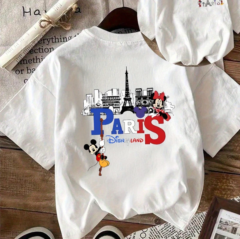 

Disney Ladies Mickey Paris Eiffel Tower Double-sided Printed T-shirt Suitable for Daily Wear, Holiday Style, Fashion Trend