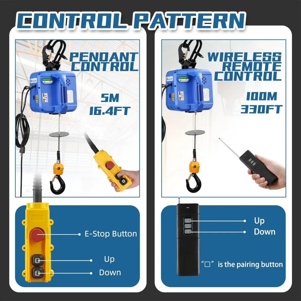 Electric Hoist PRO, 29.5ft Lifting Height, 1600W Portable Electric Winch, Pendant Controller, 1,100lb Overhead