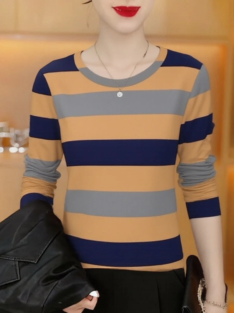 

Женская футболка с длинным рукавом Slim Fit, с круглым вырезом, в полоску, дышащая, тонкая, базовая, подходит для повседневной носки для мам.