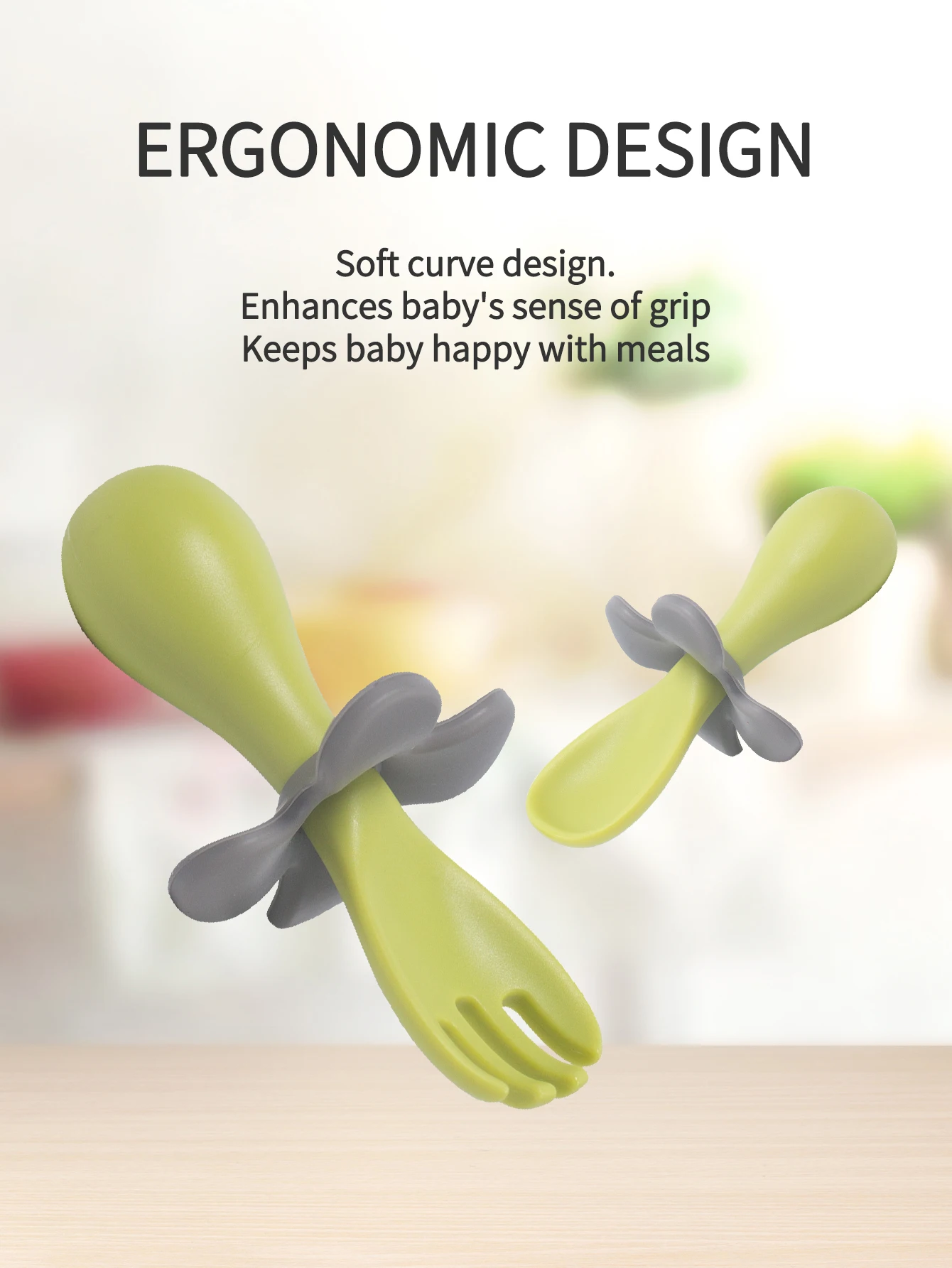 1set Baby Training Spoon And Fork PP Tableware Feeding Learning To Eat Independently With Silicone Flower Baffle Safe For Kids