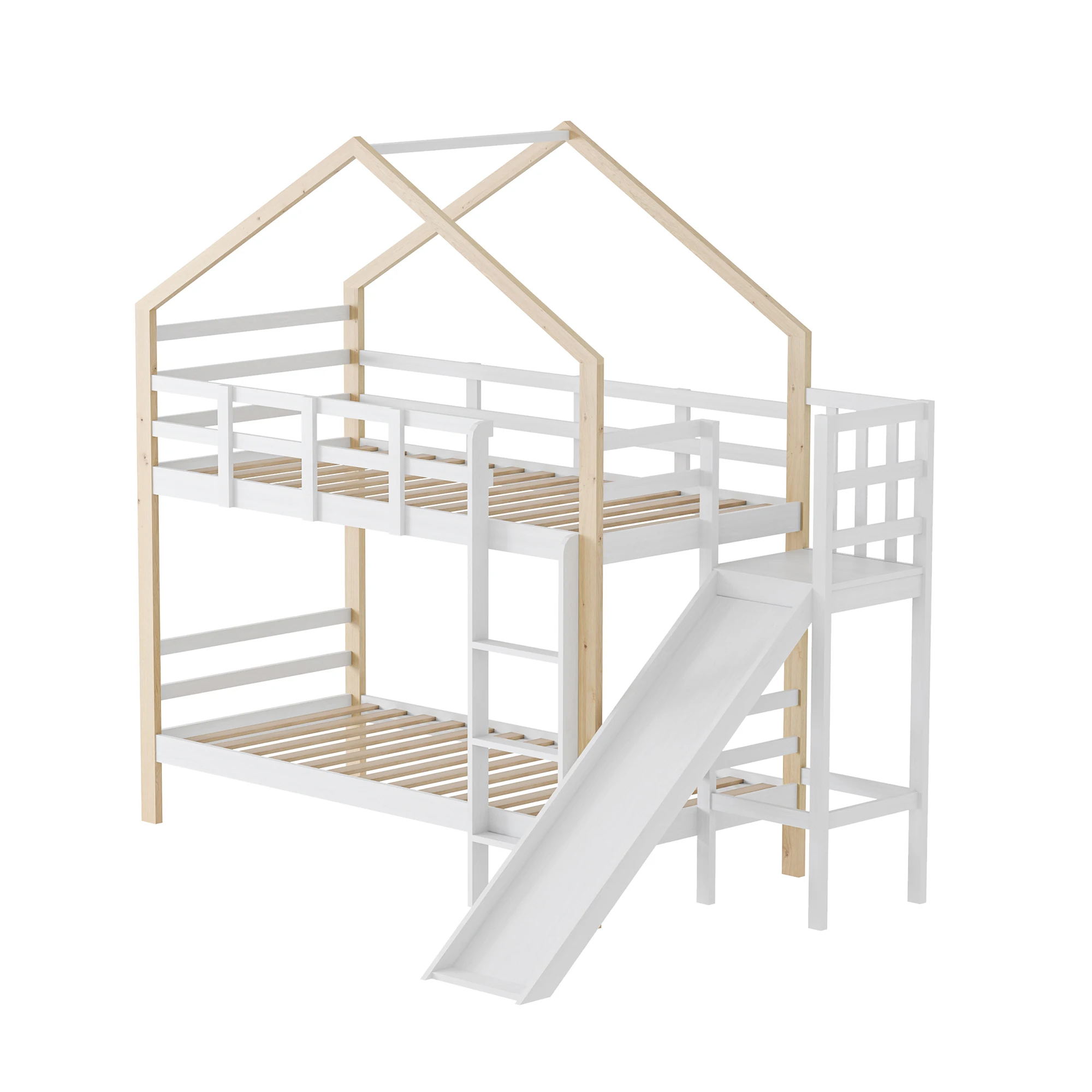 Łóżko dziecięce, 90*200 cm, łóżko piętrowe, łóżko na poddaszu z zjeżdżalnią i wzorem domu, łóżko piętrowe z litego drewna z ramą z listew, białe