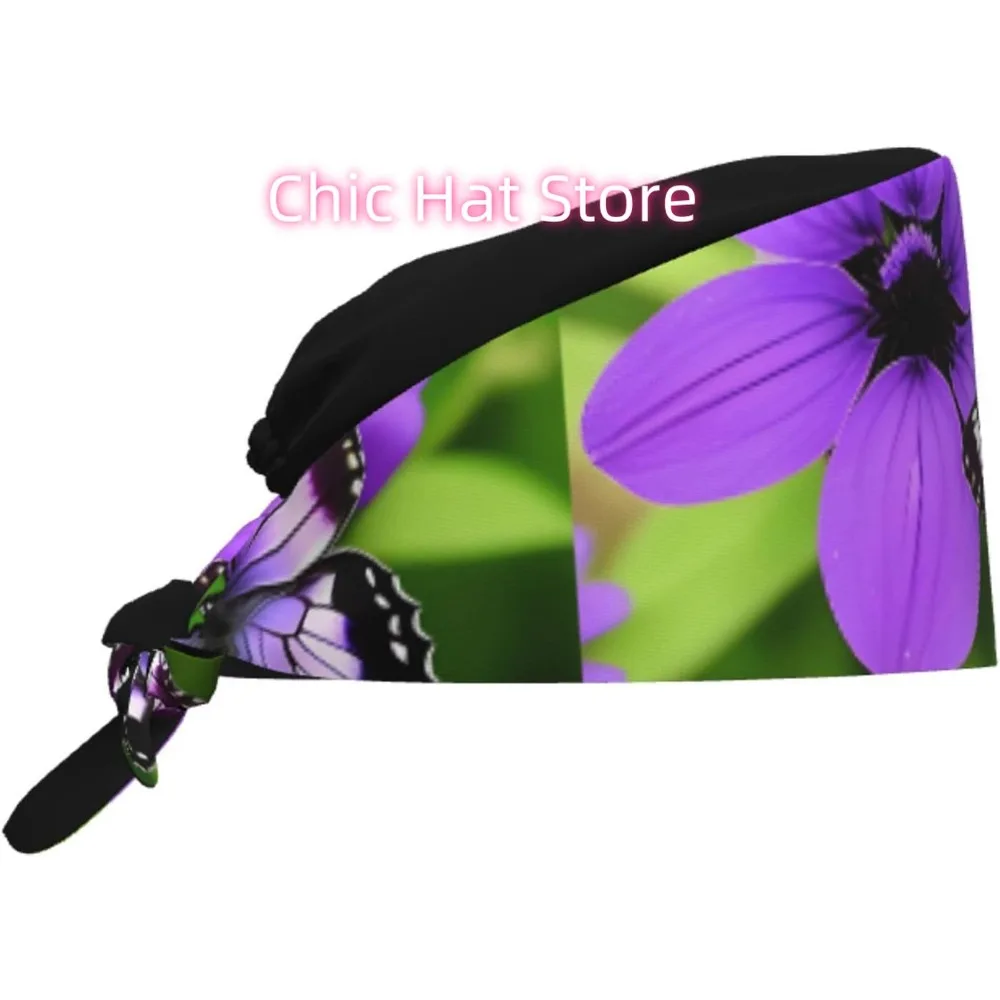

Breathable Work Hat Purple Butterfly Flowers Printing for Chef, Nursing, Spa, Facial Care, Fitness