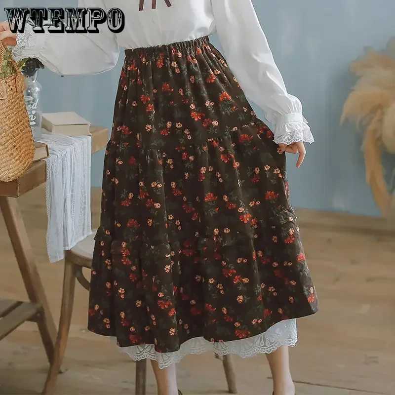 

WTEMPO Japanese Girl Midi Skirt High Waist Navy Blue Brown Floral Skirt with Lace Ruffles Women Vintage Elegant Corduroy Skirts