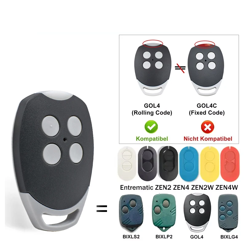 Compatible with DITEC GOL4 Entrematic ZEN2 ZEN4 ZEN2W ZEN4W BIXLG4 433.92MHz Rolling Code 4 Button Remote Control Transmitter
