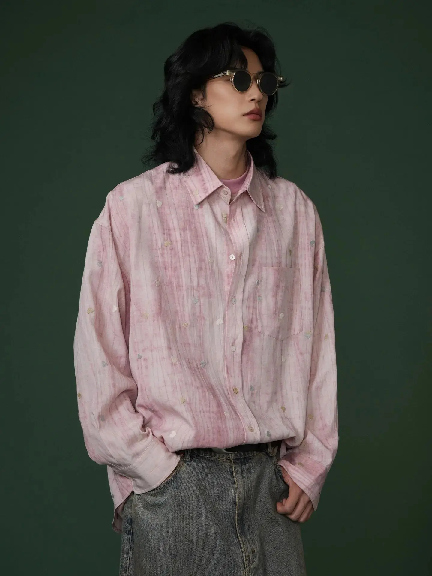 A NEW STUDIO Autumn-Winter New Collection Men's Pink Heart-Shape Linen Tencel Retro Fashionable Loose-Fitting Collar Shirt