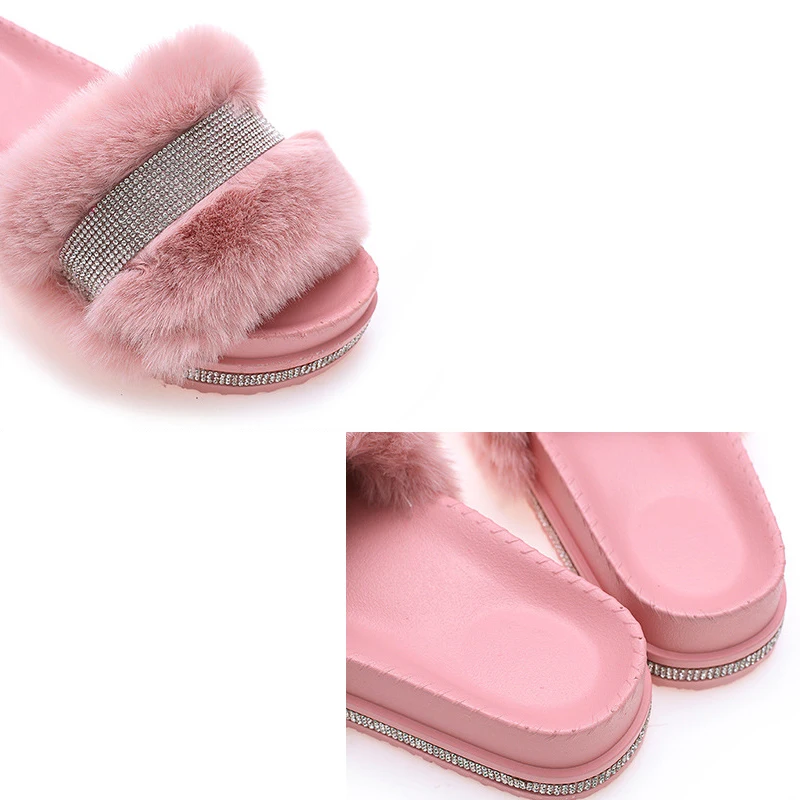 2024 Fur Bright Rhinestone Slippers Women Luxury Platform Heel Fluffy Furry Slides Outside Flip-Flop Ladies Fur Sandals