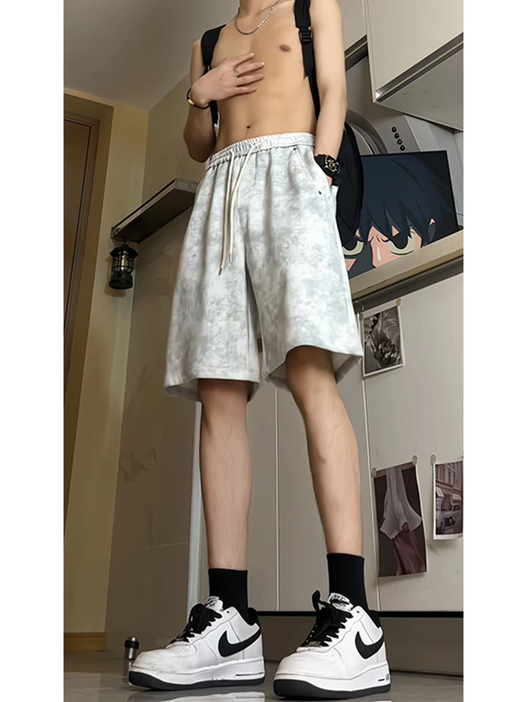 

Loose Men's Tie Dye orts Vintage Worn Summer Spor Teenage Five-Quarter Length Casual Pants Mid-Low Waist Straight Leg