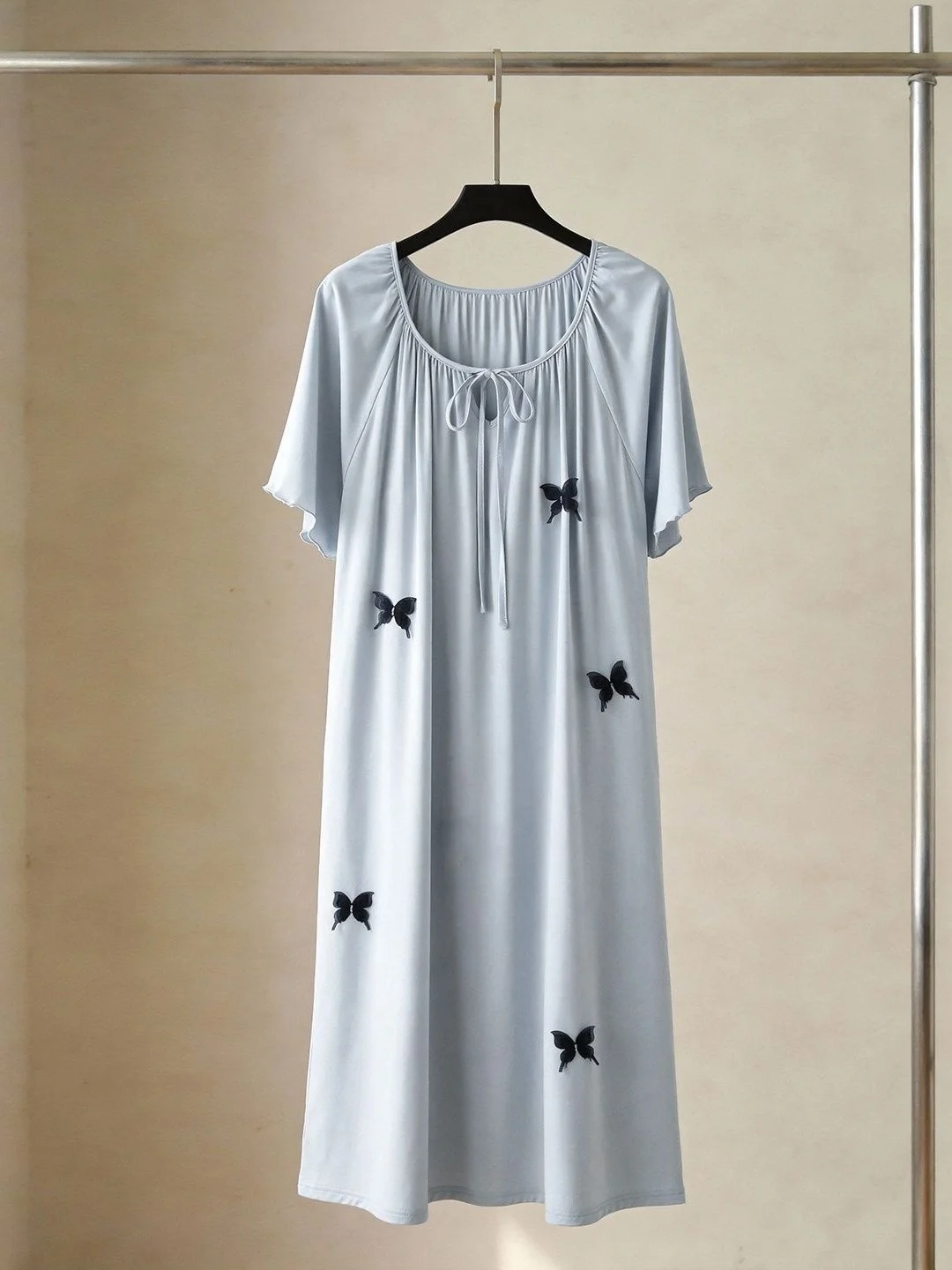 

Summer Blue Patchwork Sleep Dress Short Sleeve Belted Long Home Clothes Youth Casual Sweet Style V-Neck Dress