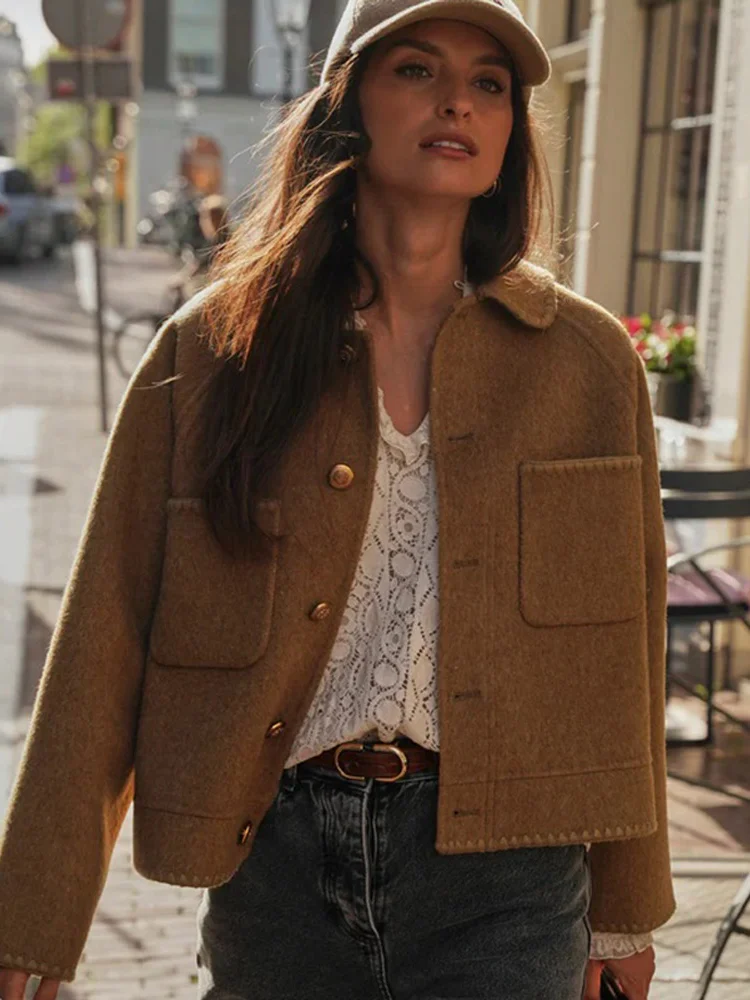

Коричневое короткое шерстяное пальто женское повседневное шикарное однотонное однобортное свободное пальто с лацканами и карманами женское повседневное офисное пальто