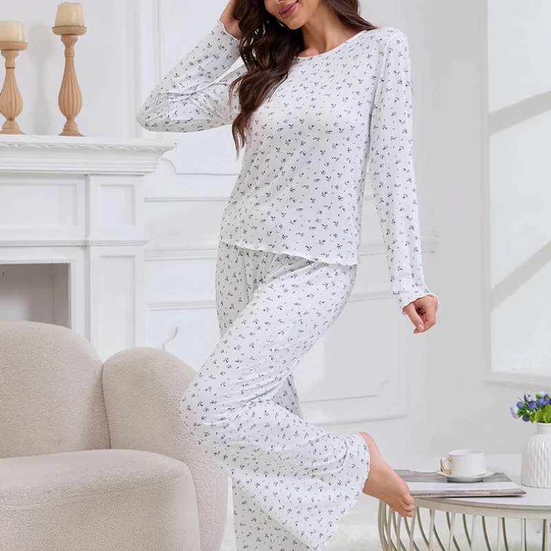 Krismile Print 2 Piece Pajama Sets for Women 2025 Spring Autumn Casual O Neck Long Sleeve Short Top Straight Pants Home Clothes