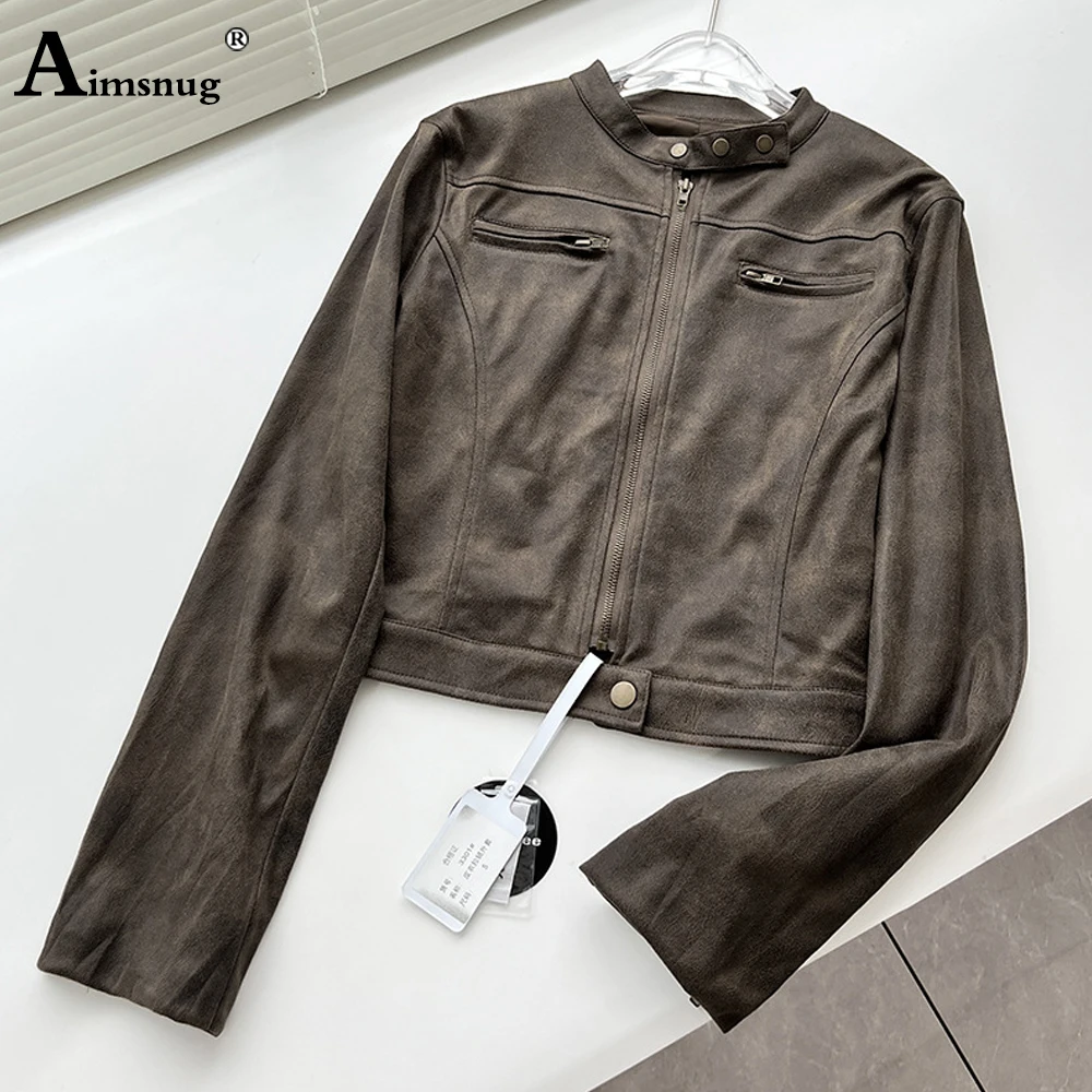 Aimsnug 2023 New Autumn Faux Pu giacche in pelle donna Fashion Zipper Tops capispalla Slim Moto e Biker Jacket cappotti corti femminili