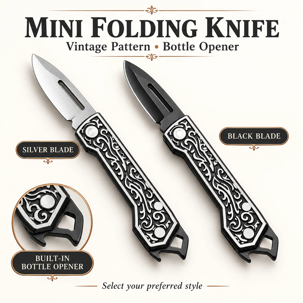 Mini Utility Knife with Bottle Opener Vintage Pattern Handle Small Package Opener Paper Cutter Silver or Black Blade