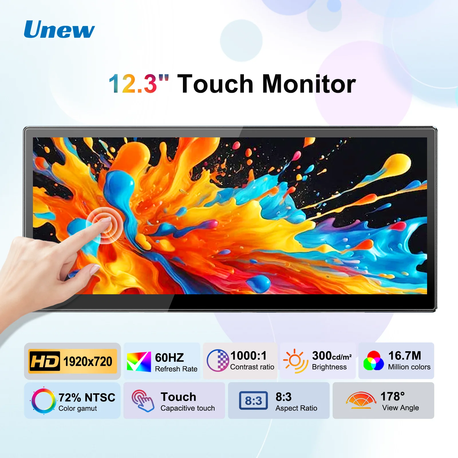12.3 Inch Touchscreen Portable Monitor 1920x720 IPS  Display 10-Point Touch USB C HDMI Gaming Monitor For Laptop PC 8:3
