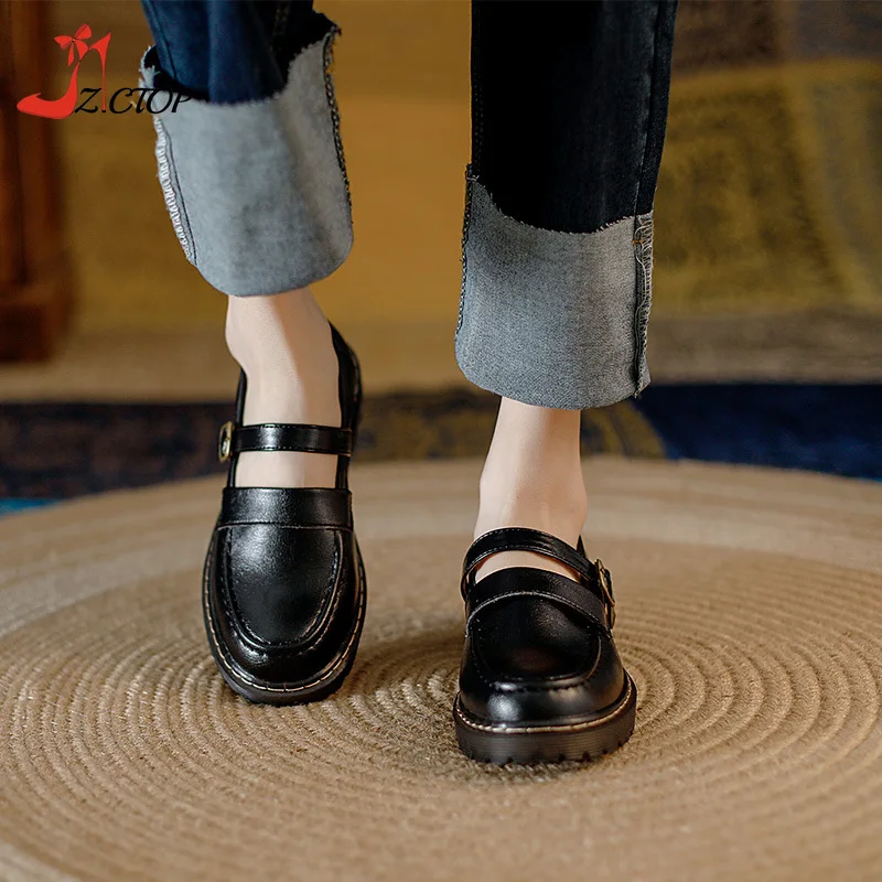Retro Platform Mary Jane Lolita Shoes Women Chunky Heel Soft Bottom Flat Japanese School Jk Uniform Leather Shoes Brown Black