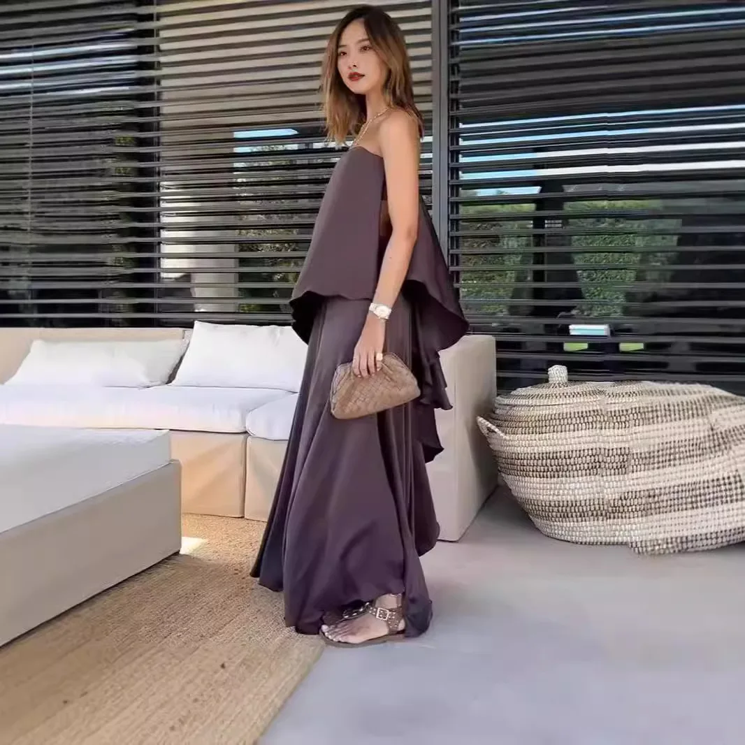 

2025 Purple Short Sleeve Casual Backless Halter Neck Loose Fit Summer Dress for Women Comfortable Breathable Vacation Beach Wear