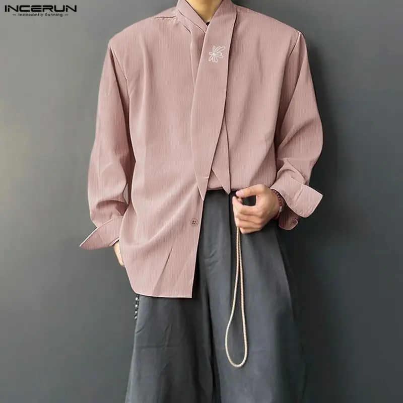 

Мужская рубашка INCERUN с вышивкой, свободная повседневная мужская одежда с длинным рукавом и поясом, уличная одежда, модные топы в корейском стиле, мужские рубашки