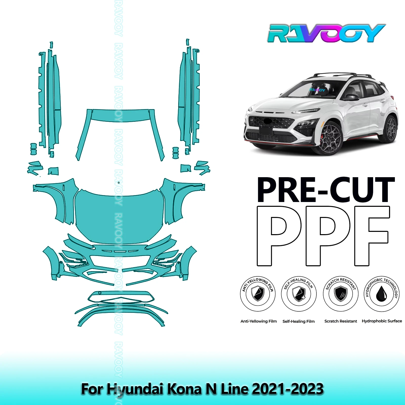 

8.5Mil Precut Paint Protection Film PPF Clear Bra Front Kit+Rockers For Hyundai Kona N Line 2021-2023