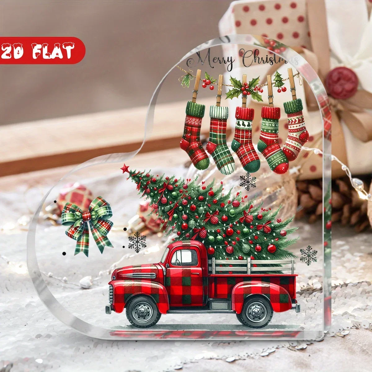 Merry Christmas Heart‑Shaped Acrylic Plaque, Buffalo Plaid Red Truck Xmas Stocking Table Decor