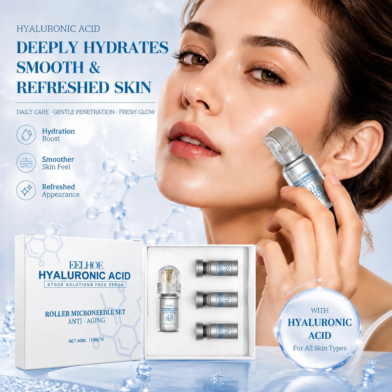 0.25mm Niacinamide Microneedle Roller Serum Facial Serum Kit Hyaluronic Acid Hydrating Face Home Beauty Care Daily Skincare 30ml